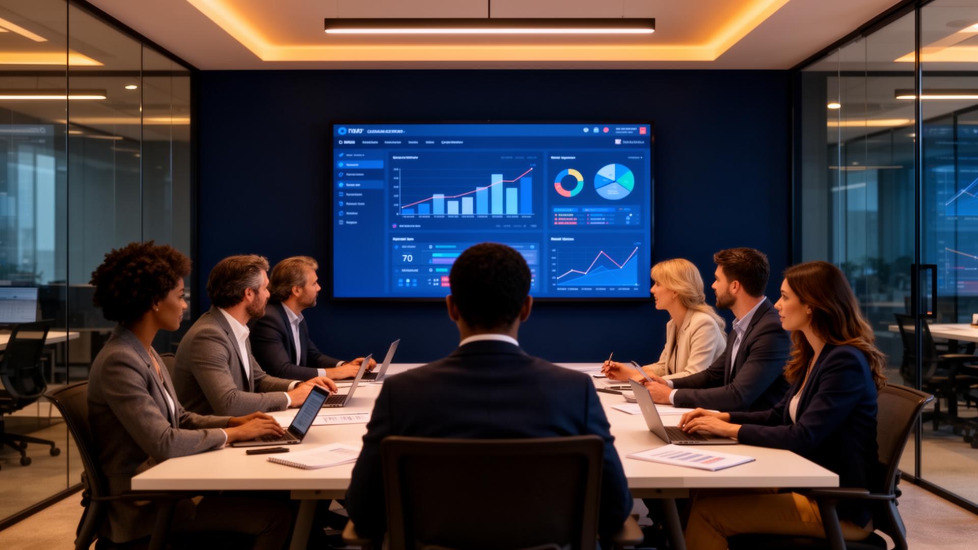 A revenue team reviewing the miEcos dashboard together
